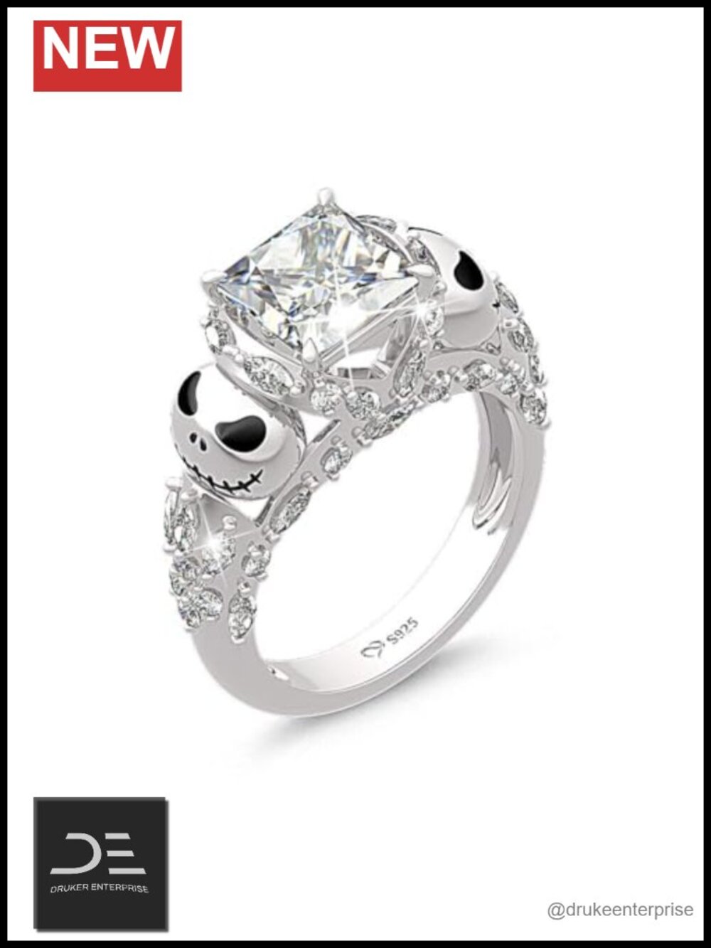 Jeulia Skull 925 Sterling Silver Princess Cut Band Ring Halloween